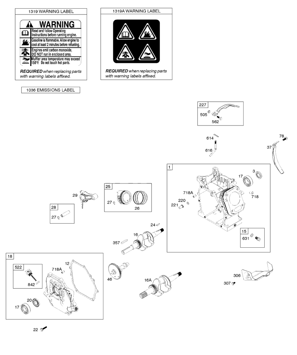 Camshaft, Crankcase Cover, Crankshaft, Cylinder, Piston/Rings/Connecting Rod, Warning Label Diagram and Parts List for 83132-0019-F1  Briggs and Stratton Engine
